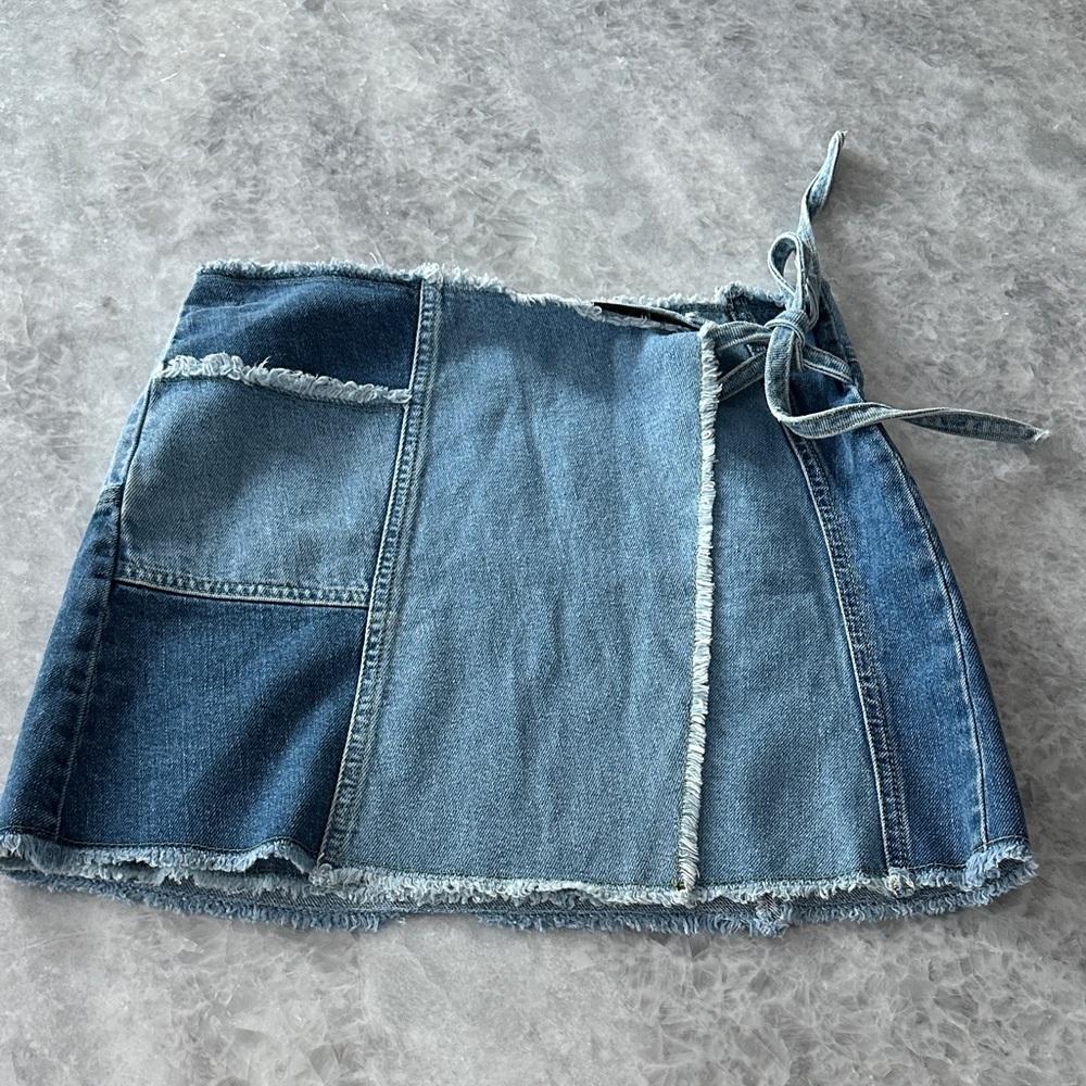 BDG Denim Wrap Around Skirt, Denim Patchwork, Size S, Side Tie